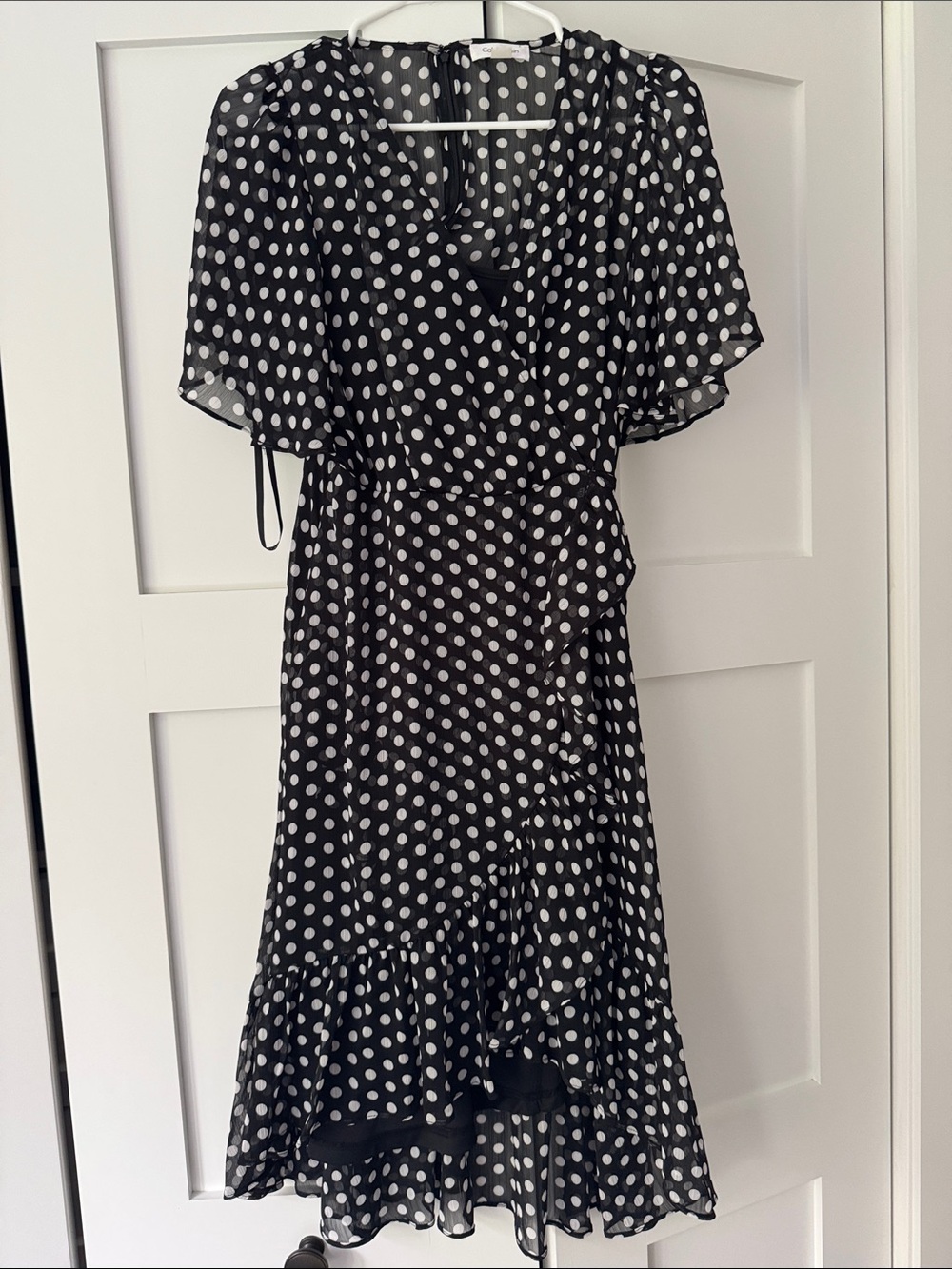 Calvin Klein Black and White Polka Dot High-Low Wrap Dress
